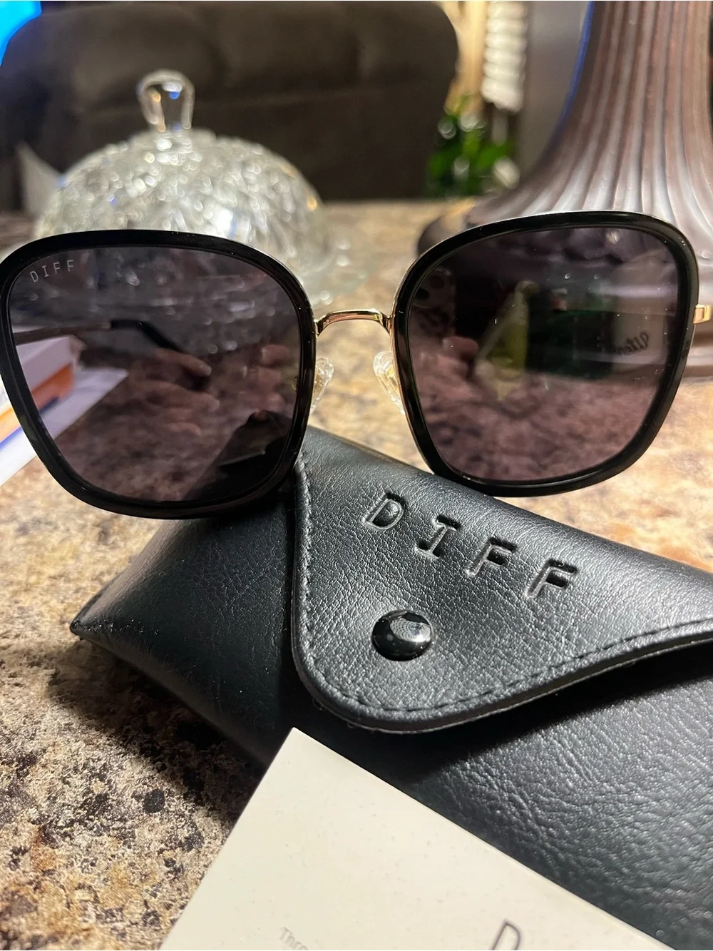 Diff Eyewear Black Square Sunglasses with Gold Temples